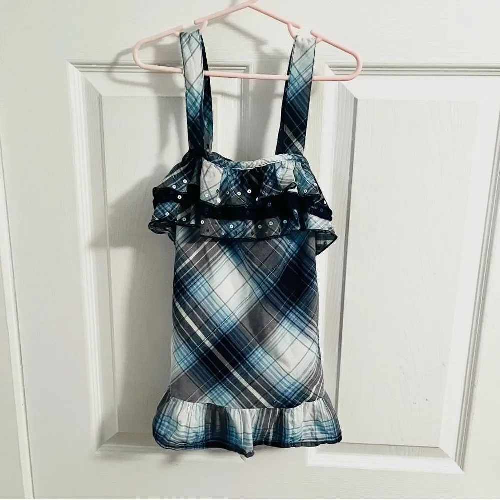 Justice Sequin Ruffle Blue Plaid Tank Top Silver Theead Trim Girls 12